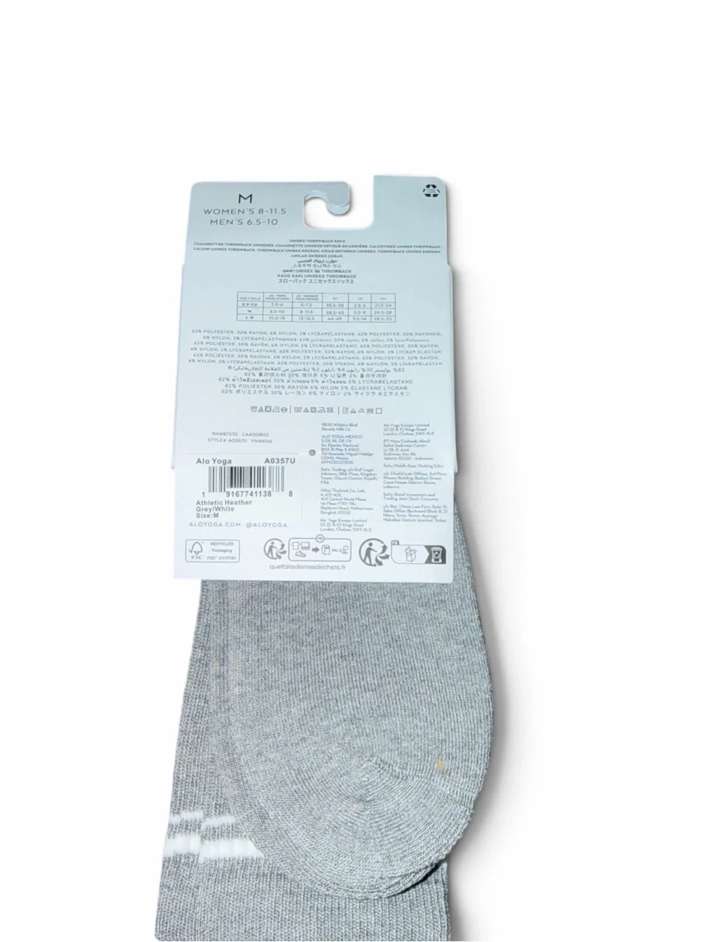 NWT Alo Unisex Throwback Sock in Athletic Heather Grey/White size medium